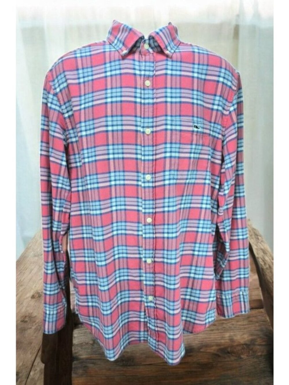 Vineyard Vines Mens Pink Plaid Classic Fit Tucker Shirt Large Linen Blend